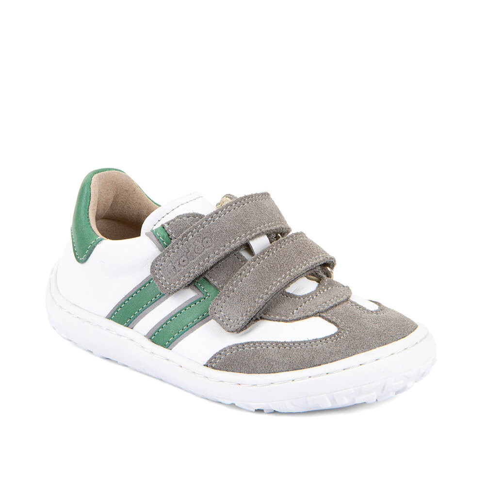 Gray and green kid's barefoot shoe with velcro straps