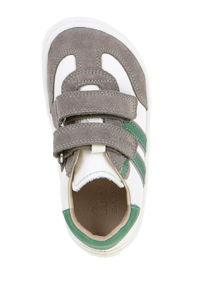 Children's barefoot shoe with gray straps and green accents 