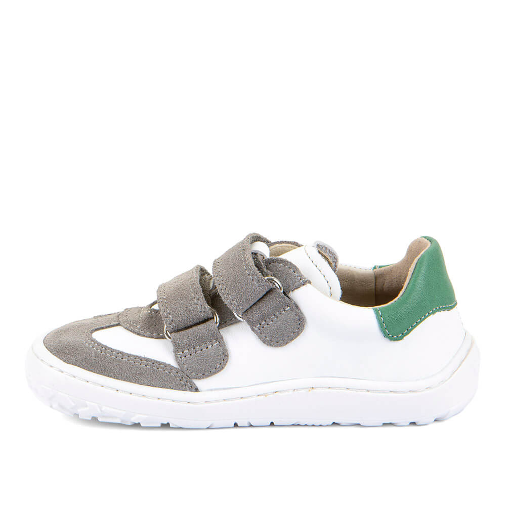 Children's barefoot shoe with gray velcro straps and green accents 