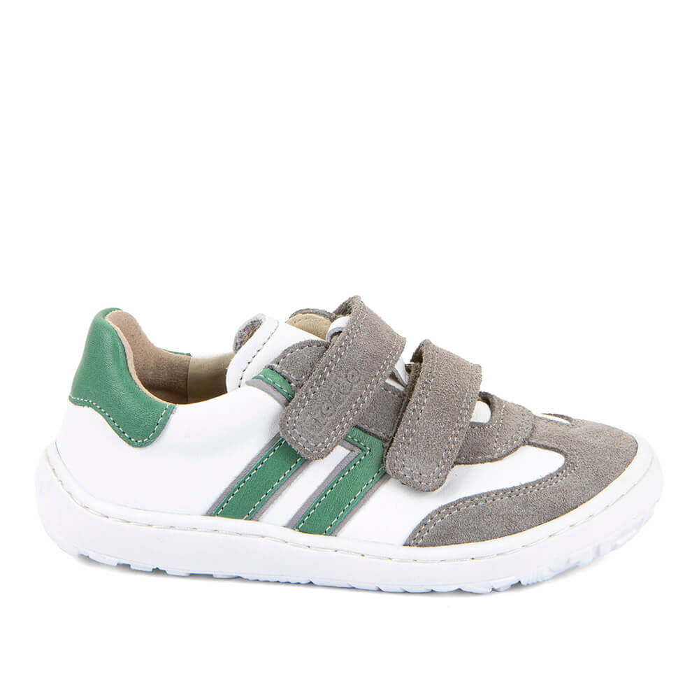 Children's barefoot shoe with green and gray straps 