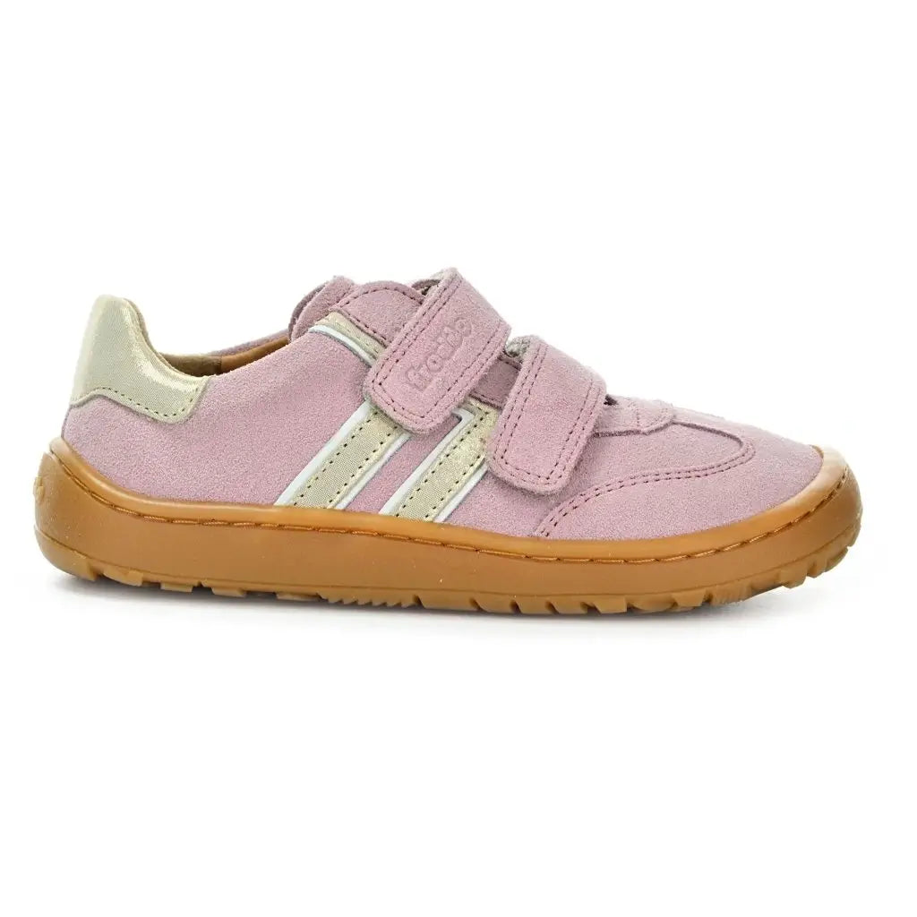 Pink kid's barefoot shoe with brown sole 