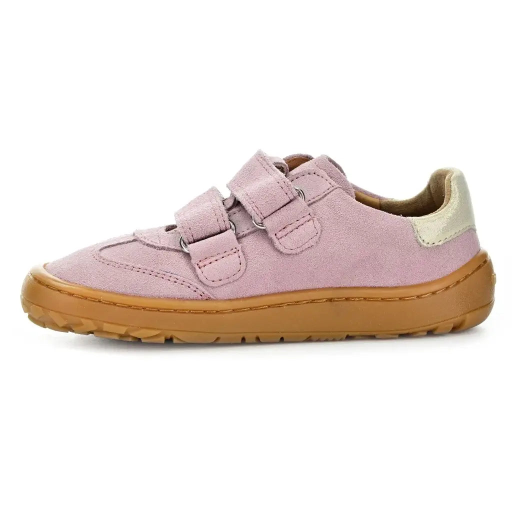 Pink kid's barefoot shoe with brown sole 