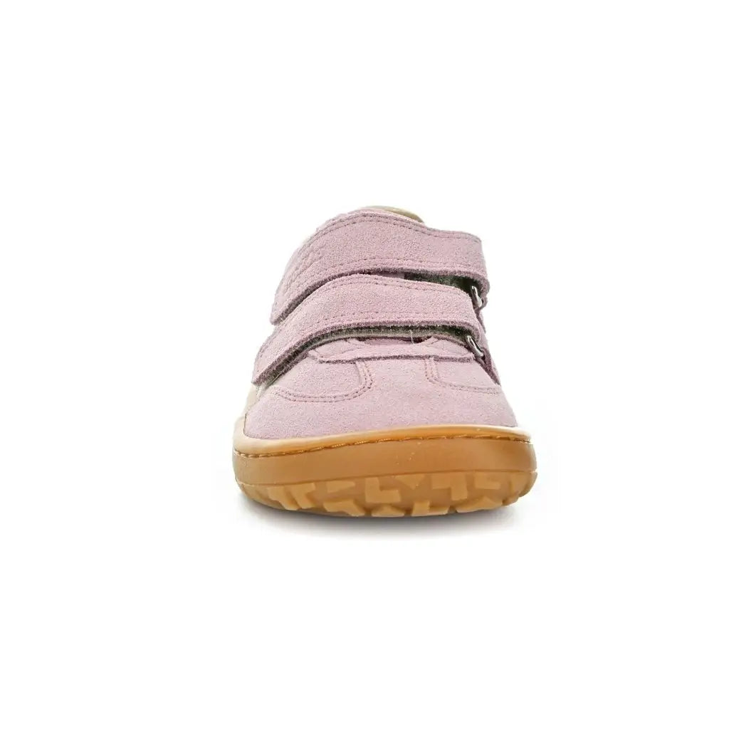 Pink kid's barefoot shoe with a brown sole