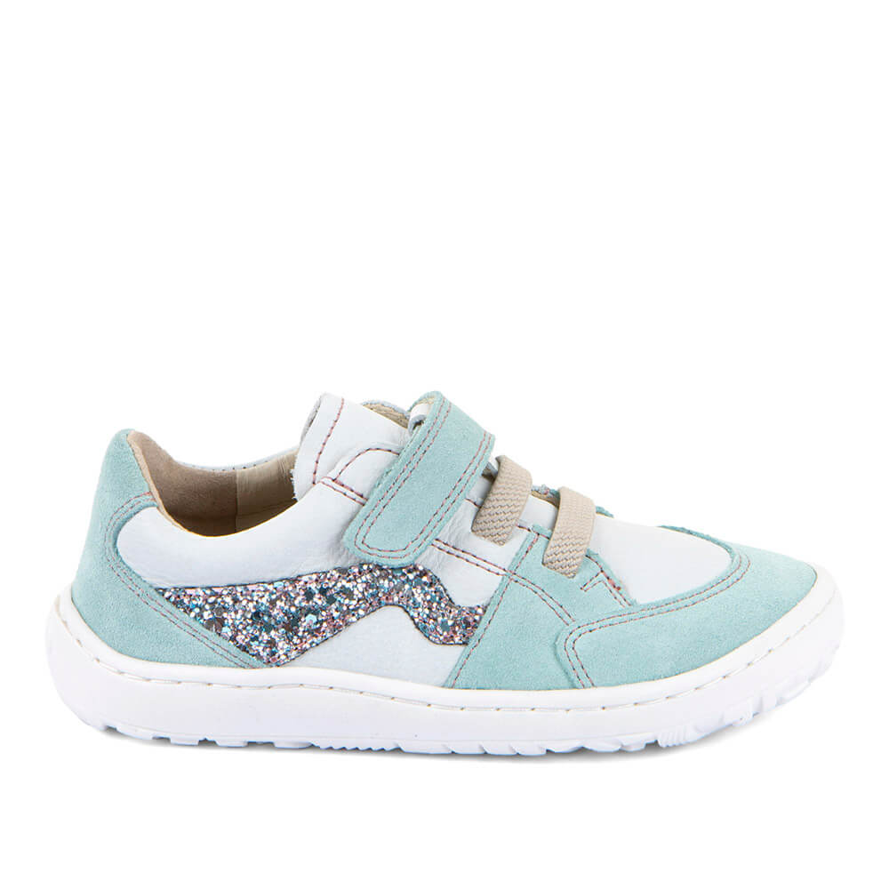 Light blue and white sneaker with glittery sole 