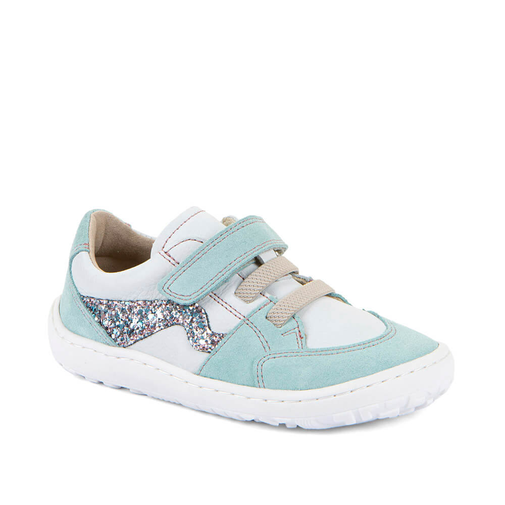Light blue kid's shoe with glittery star design 