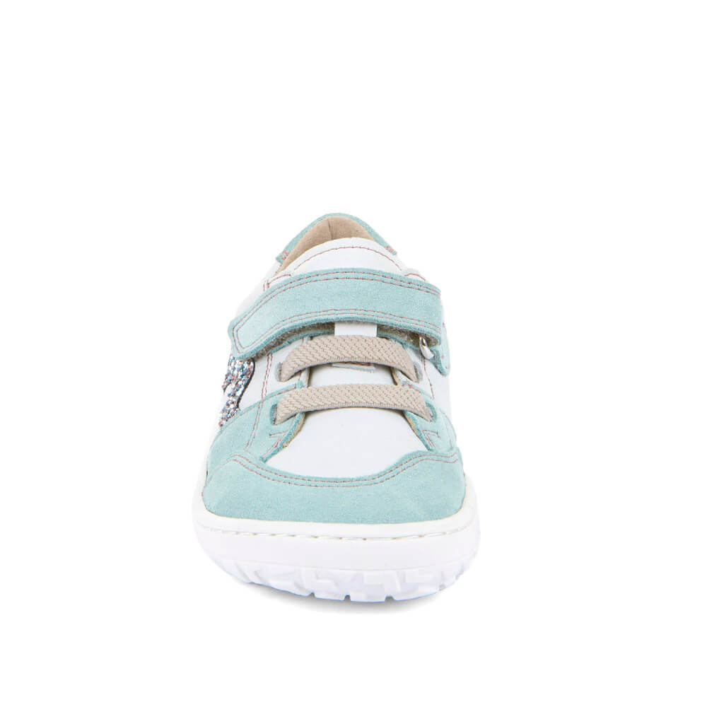 Light blue and white sneaker with velcro straps on 