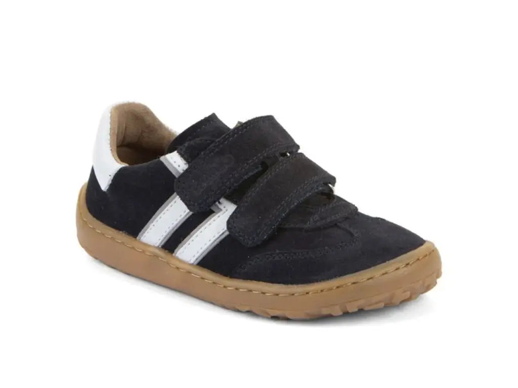 Black children's barefoot shoe with white stripes and brown sole 