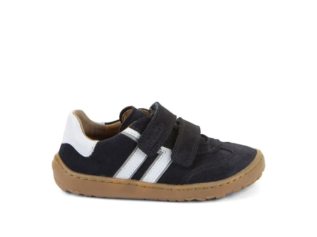 Black and white children's barefoot  shoe with brown sole on