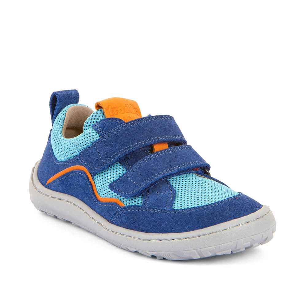 Blue kid's barefoot shoe with orange accents on