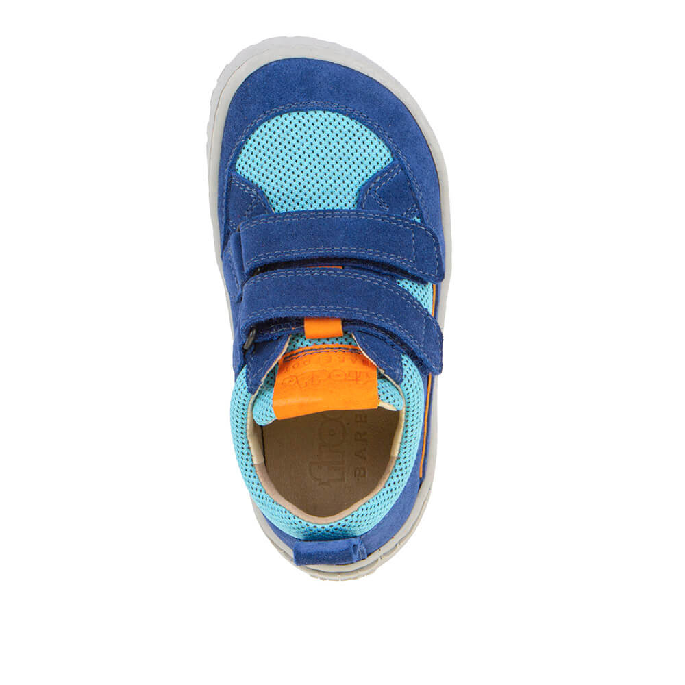Blue kid's barefoot shoe with a light blue patch and orange sole on
