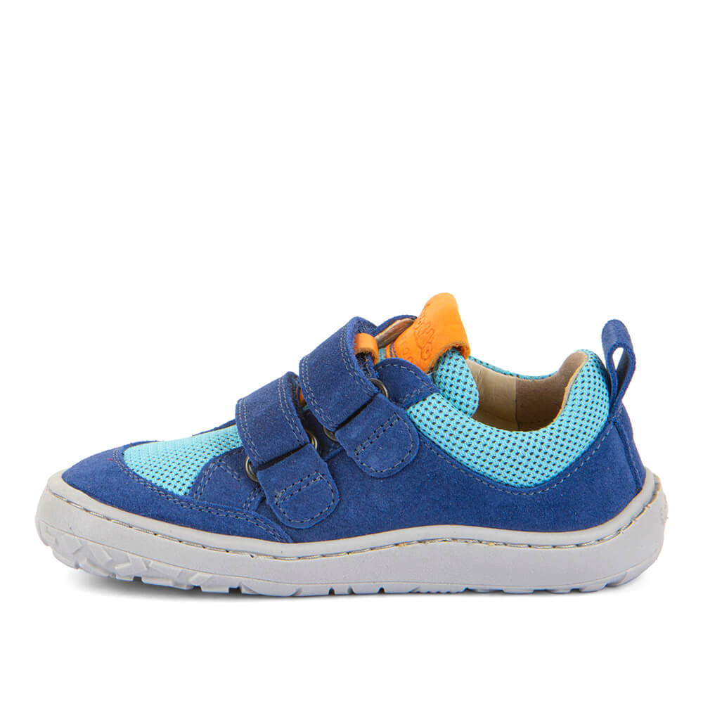 Blue kid's barefoot shoe with light blue lining and orange accents on 
