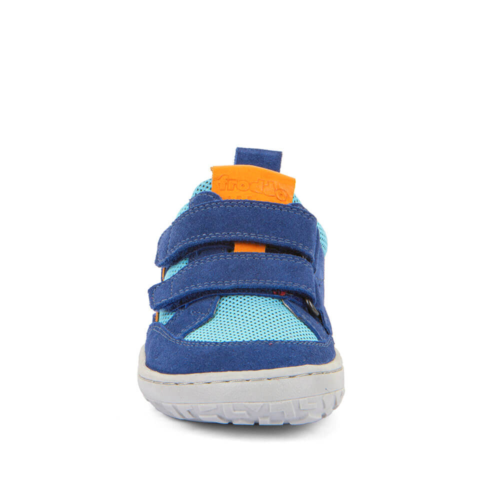 Blue and turquoise kid's barefoot shoe with orange accents on