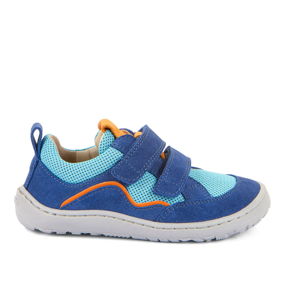 Blue kid's barefoot shoe with light blue mesh and orange accents on