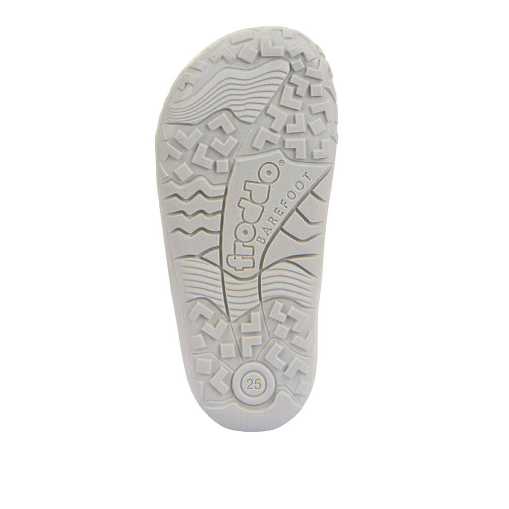 White sole of a barefootshoe with brand logo 